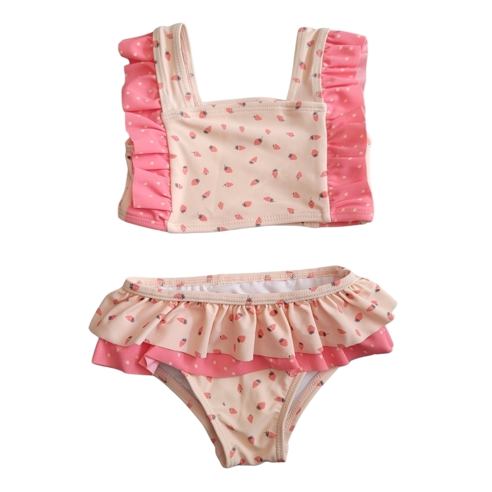 Jessica Simpson 3-6 Months Pink Ruffle Strawberry Bikini Swimsuit Summer Fruit